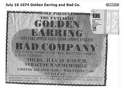 Show ad for Golden Earring show July 18 1974 Syracuse - War Memorial with Bad Company